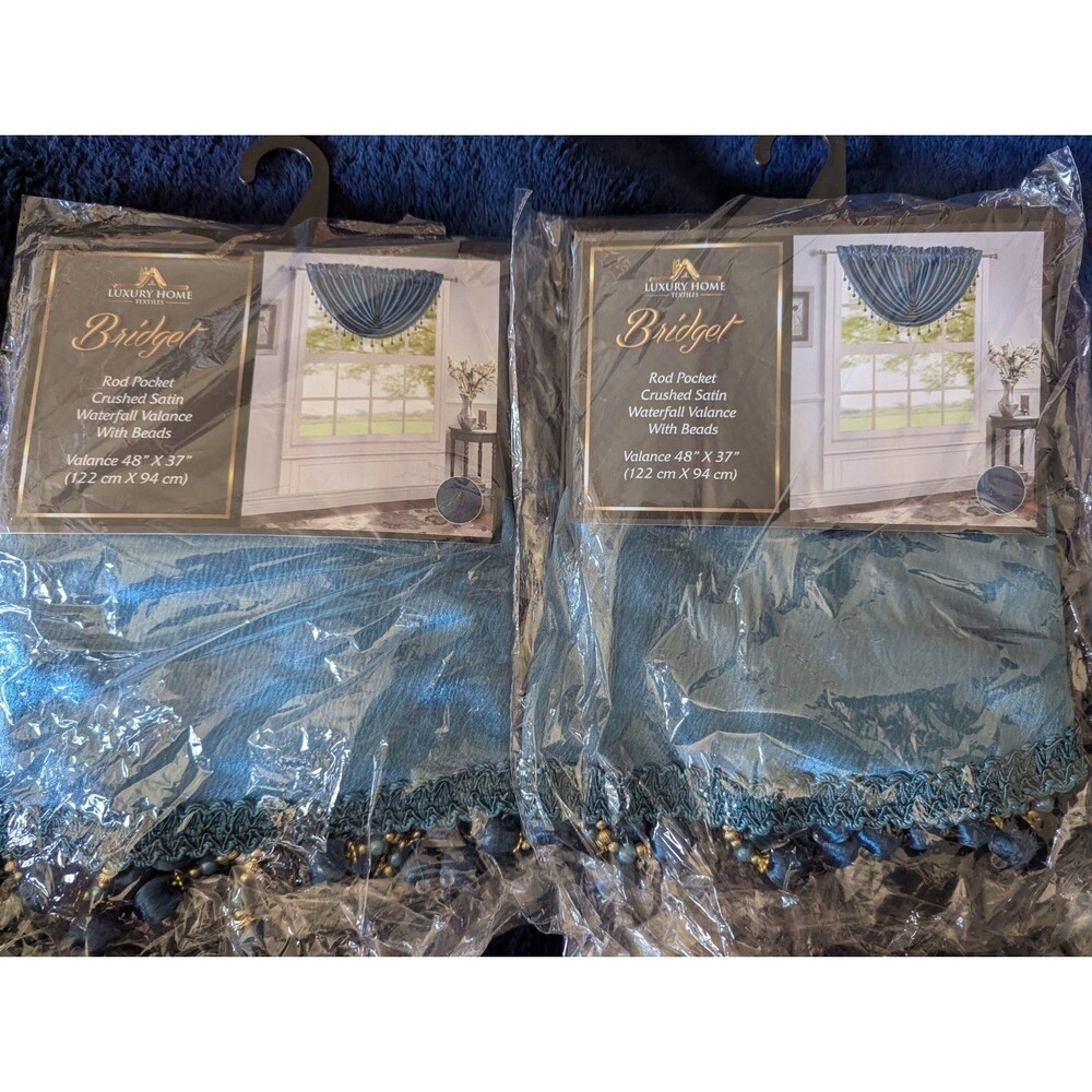 New Set Luxury Home Textiles Bridget Waterfall Valance Beaded Blue 48x37 Satin